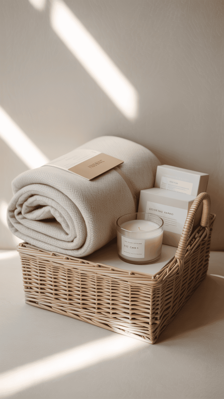 Minimalist monochrome winter gift basket with cream blanket and simple candle.