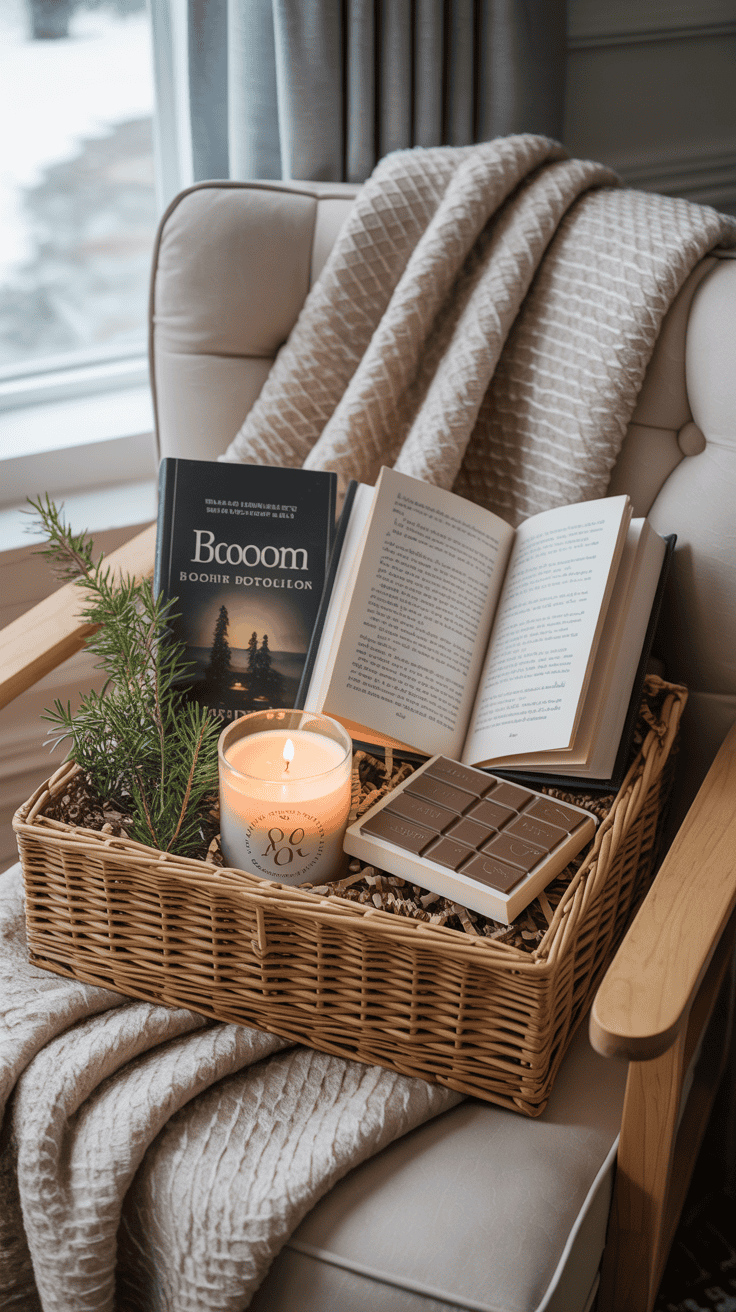Winter reading gift basket with blanket, candle, book, bookmark, and chocolate.