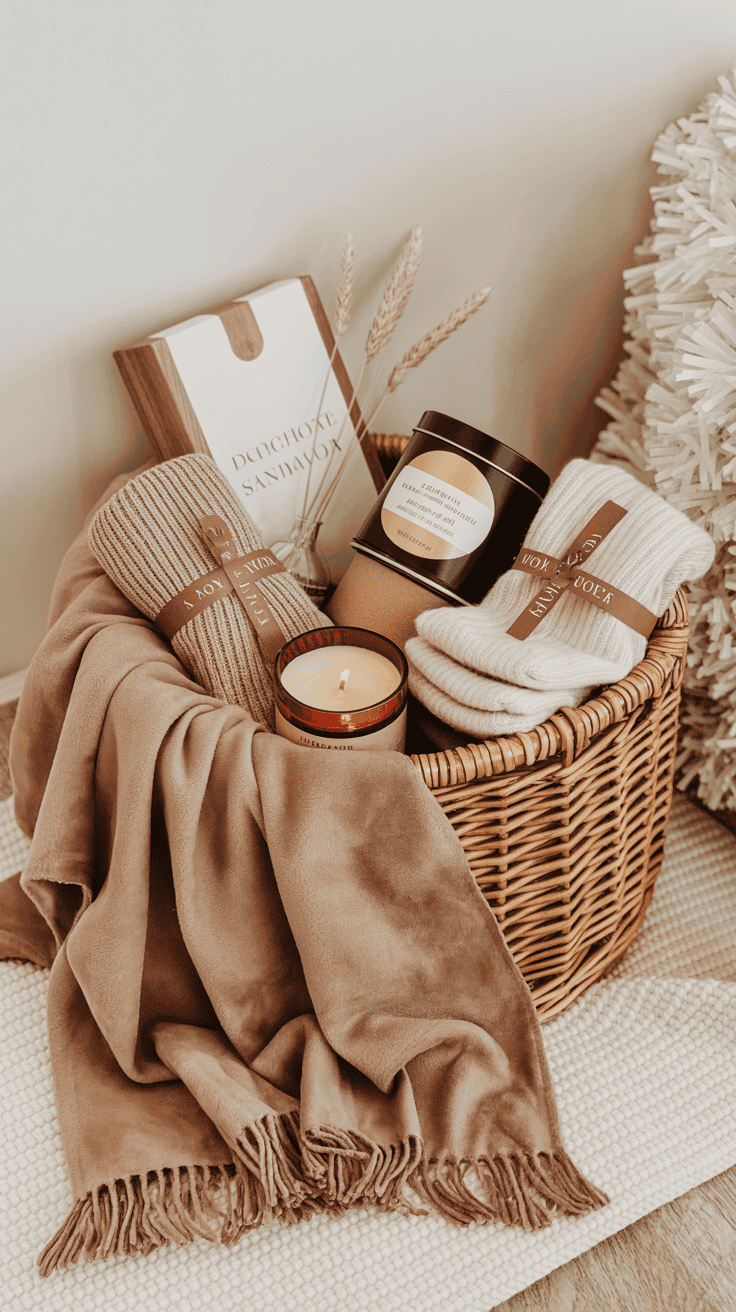 Hygge winter gift basket with earthy blanket, candle, wool socks, and tea.