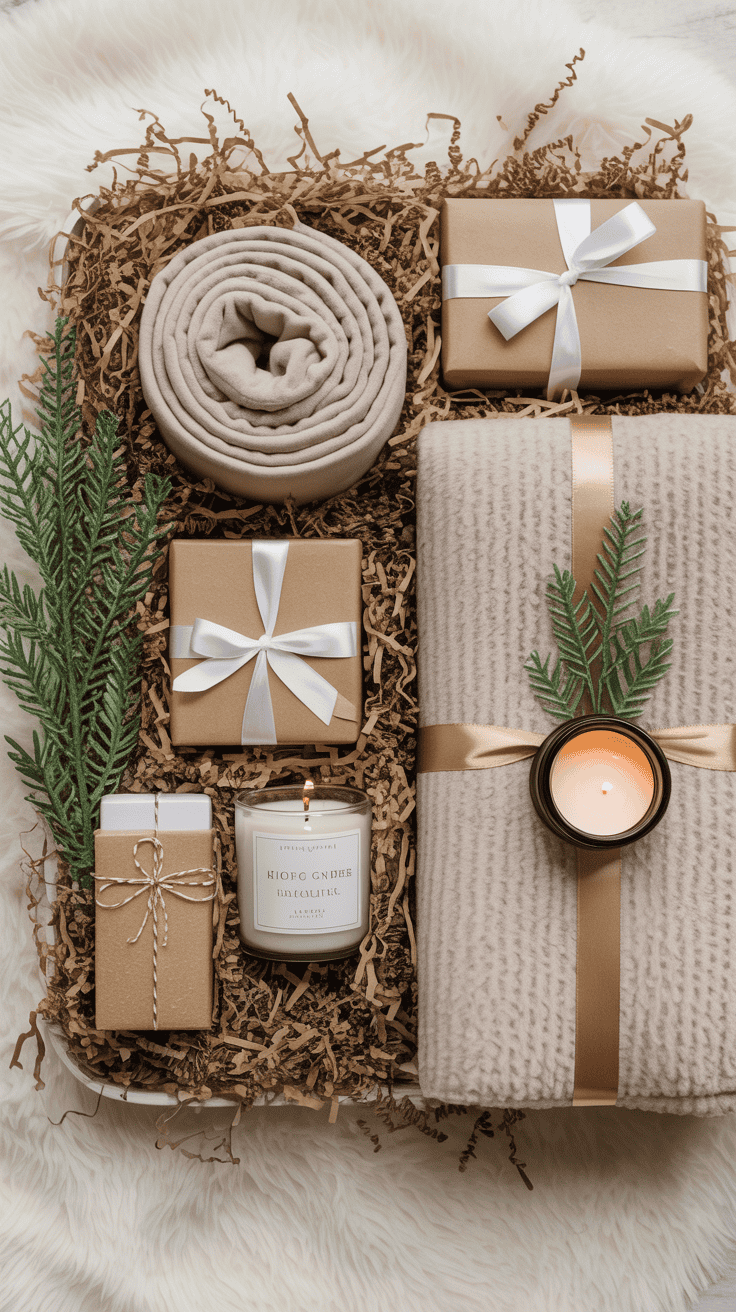 Flat-lay of winter gift basket supplies with blanket, candle, ribbon, and greenery.