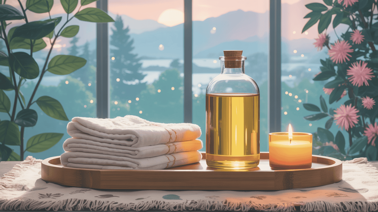 Calming home wellness setup with castor oil, flannel cloths, and a lit candle arranged on a wooden tray.