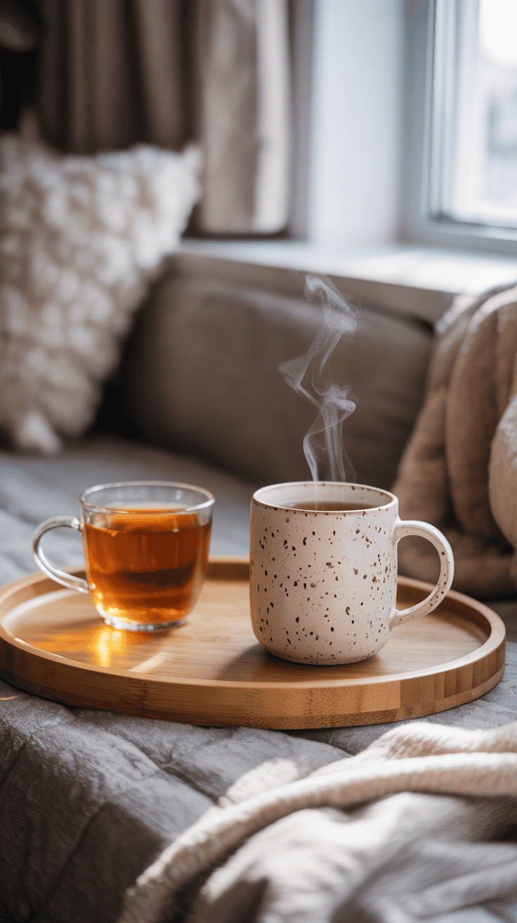 Speckled stoneware mug on a wooden tray with a warm cup of tea and a blanket in the background.”