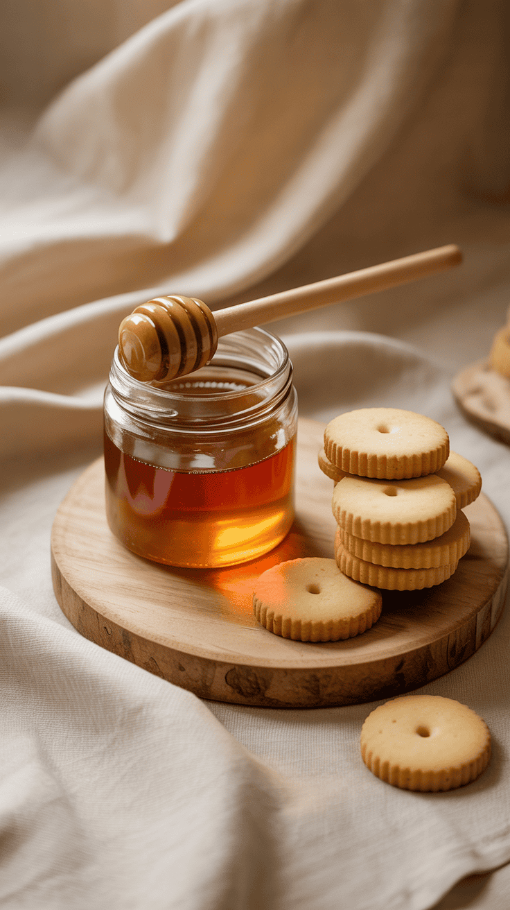Honey sticks and a small honey jar displayed with shortbread biscuits on a soft beige background.