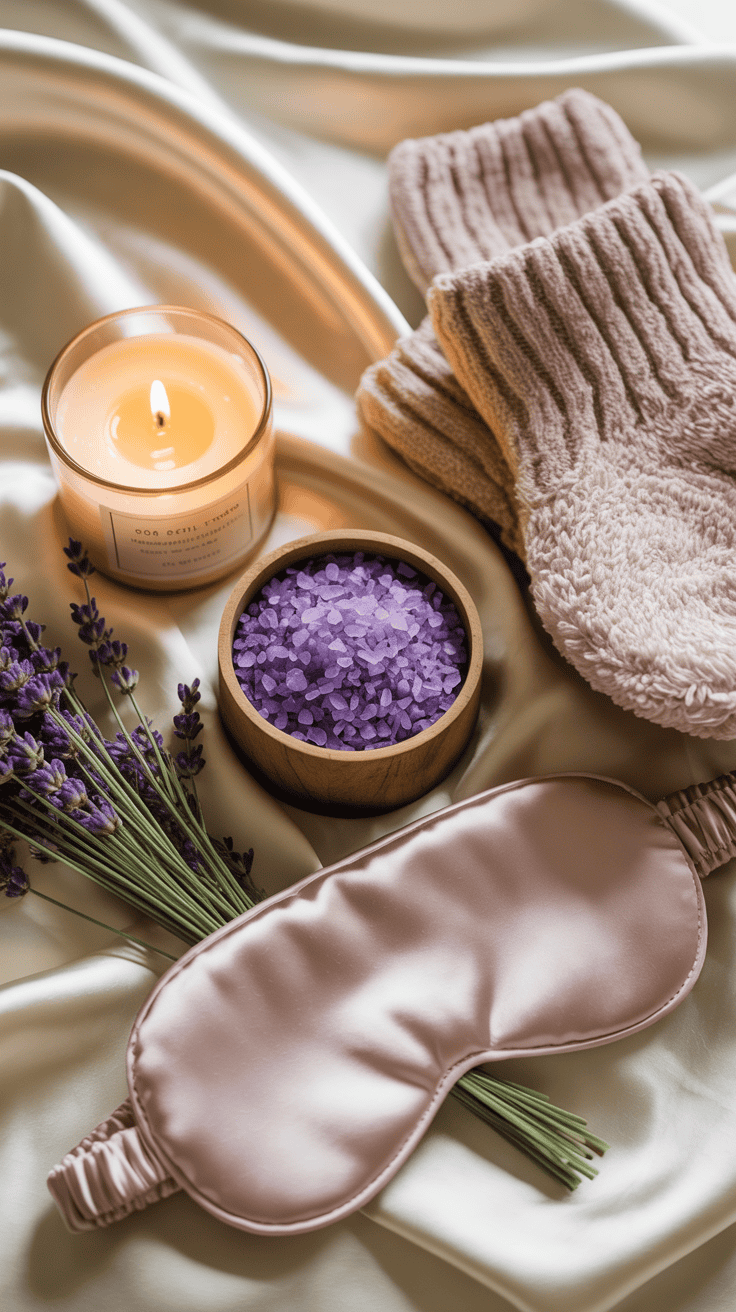 Relaxation accessories including candle, lavender bath salts, fuzzy socks, and a sleep mask arranged on cream fabric.
