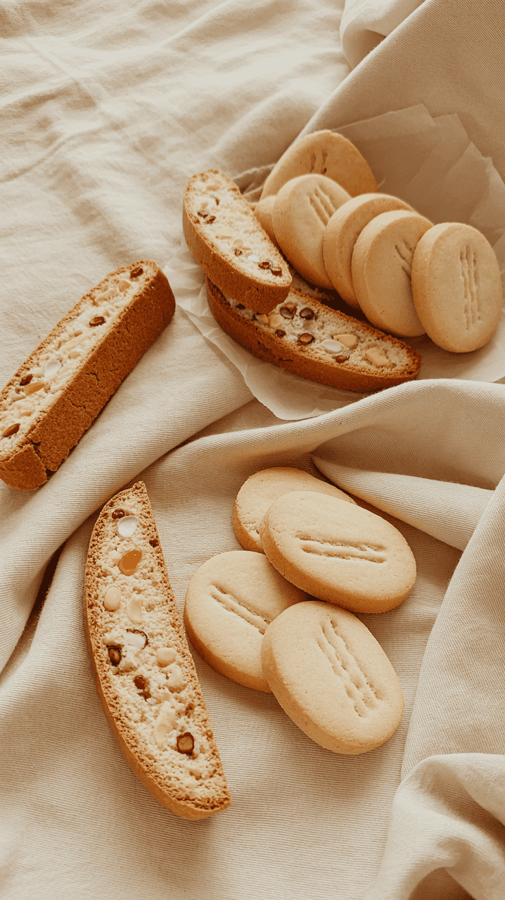 Flat lay of biscotti, shortbread, and tea biscuits arranged on a soft cream linen background.