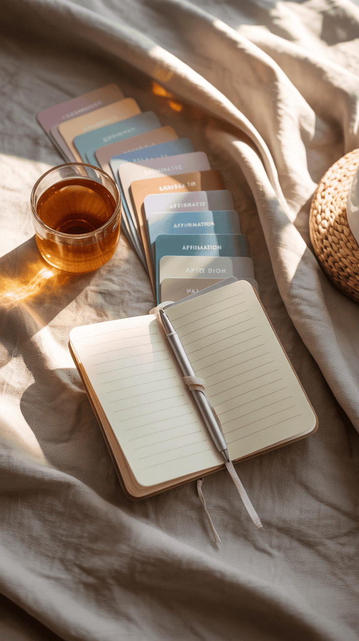 Flat lay of a small notebook and affirmation cards styled with a pen and a cup of herbal tea.