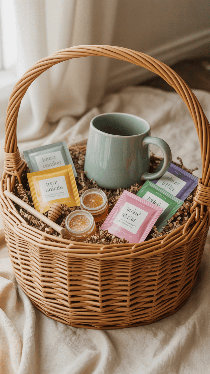 Tea gift basket being arranged with the mug at the back and teas and small items neatly placed around it.