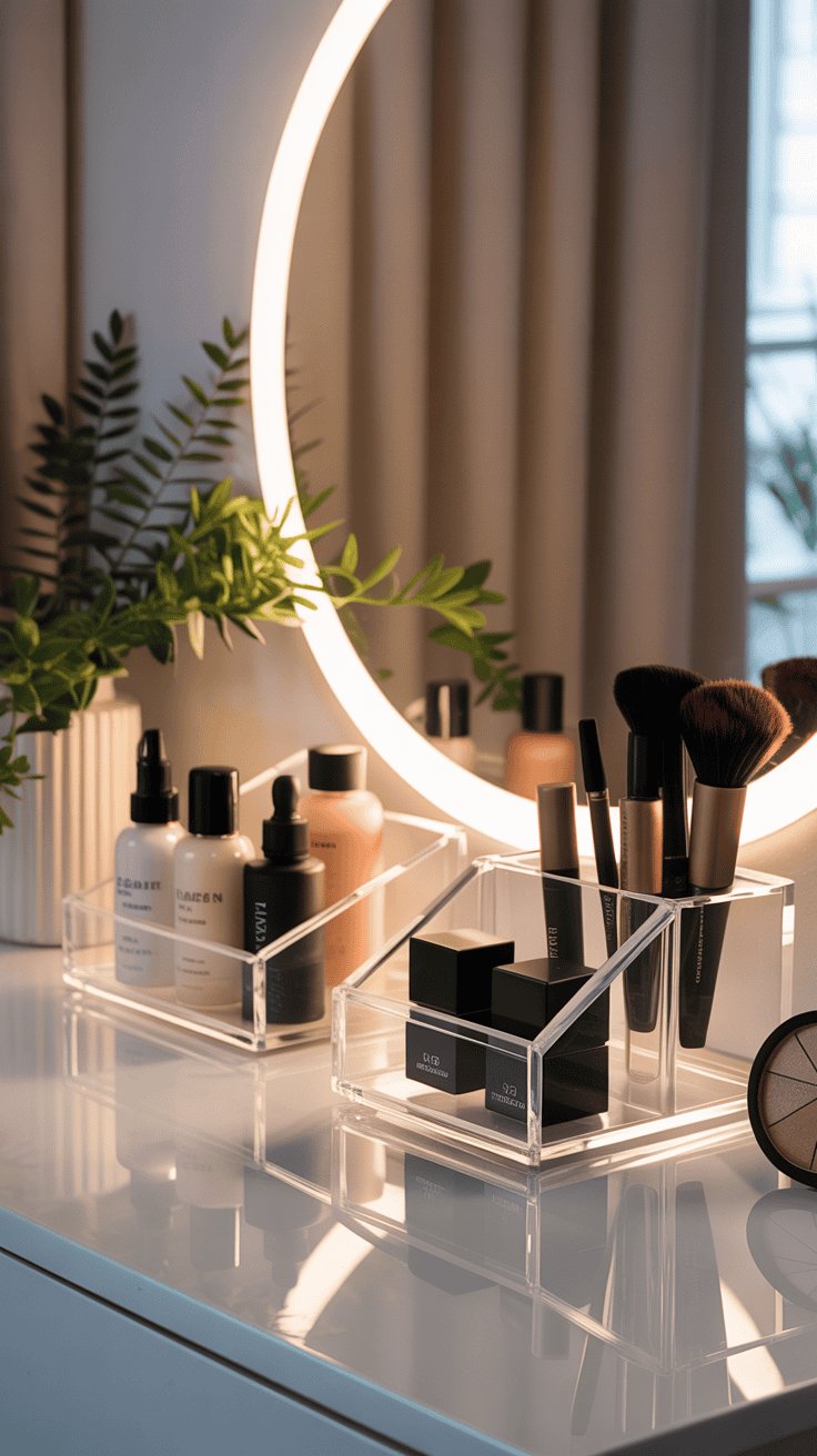 Sleek modern vanity styled with clear acrylic organizers holding makeup and skincare.