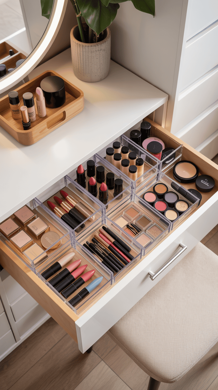Vanity drawer with clear acrylic inserts organizing makeup by category.