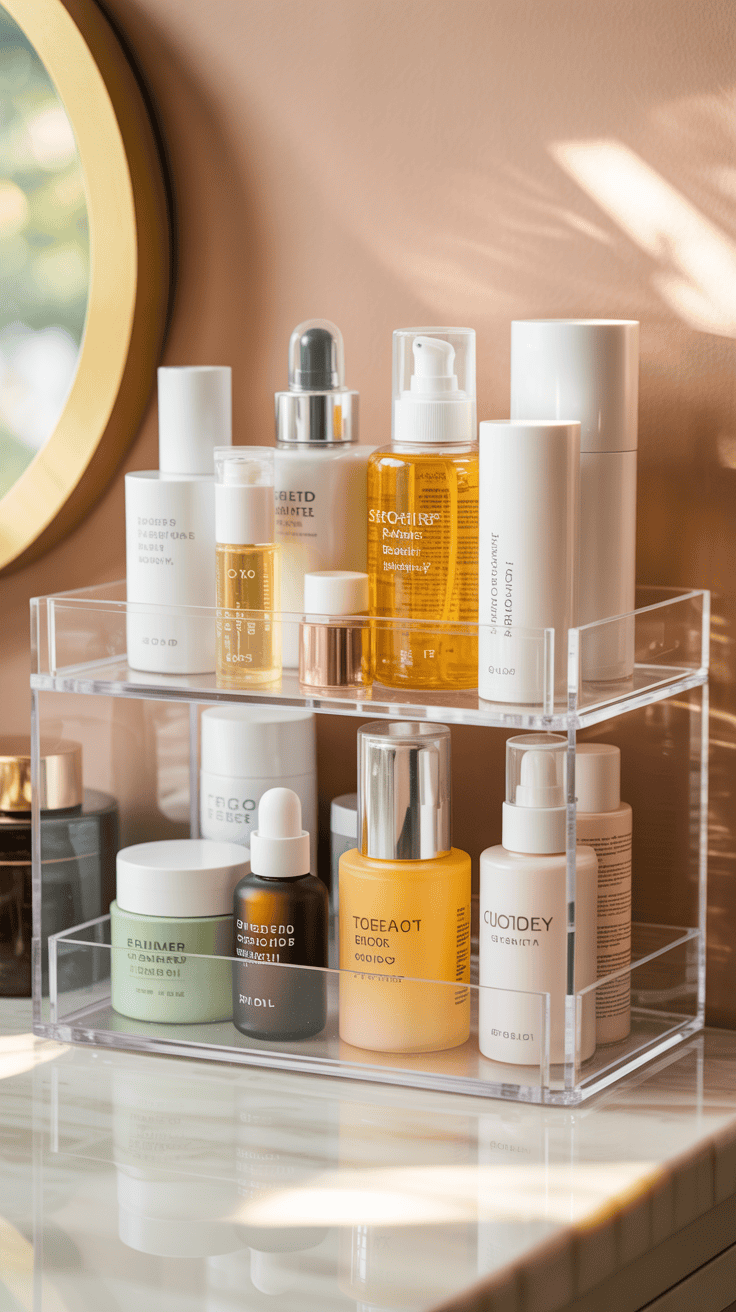 Tiered clear acrylic organizer displaying skincare products on a vanity.