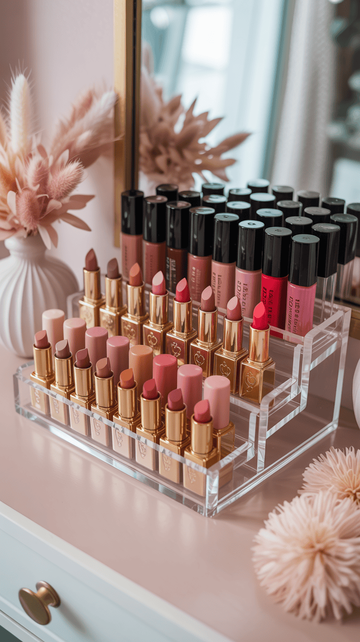 Clear acrylic lipstick holder neatly organizing lipsticks and glosses.