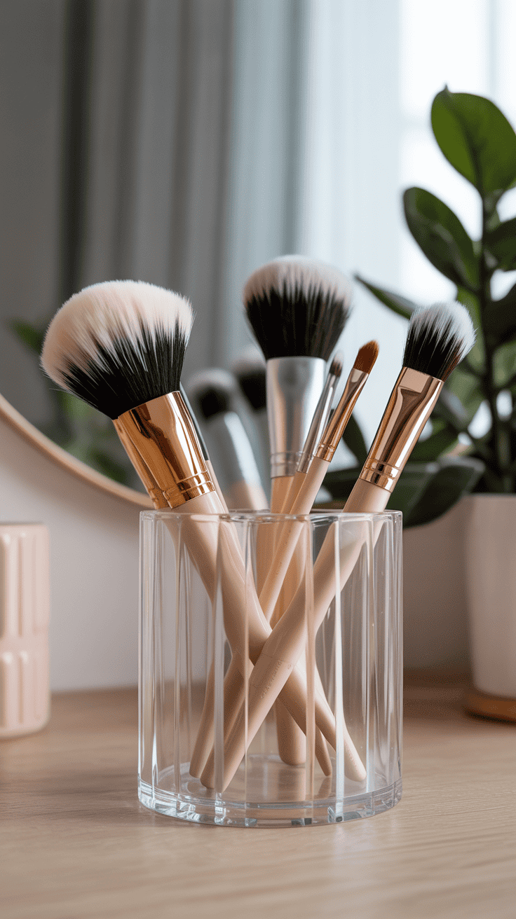 Makeup brushes stored upright in a clear acrylic brush holder.