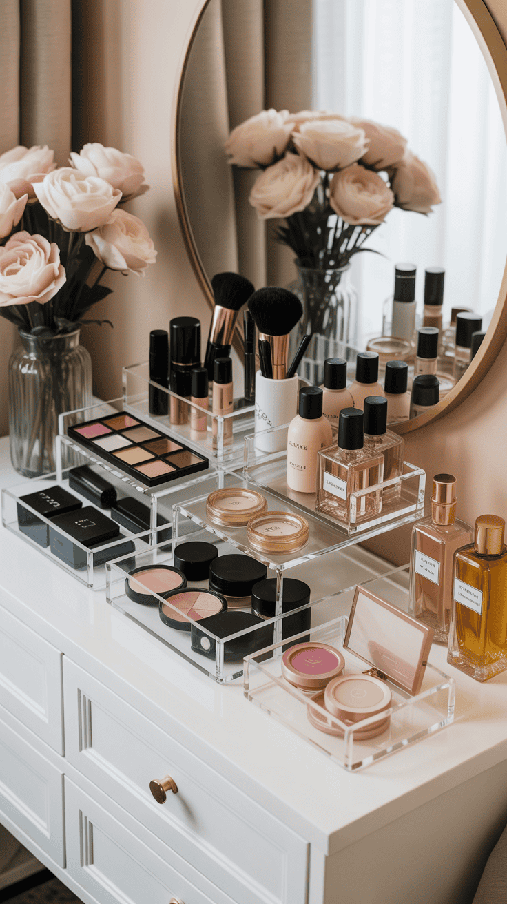 Vanity styled with acrylic organizers arranged into neat functional stations.