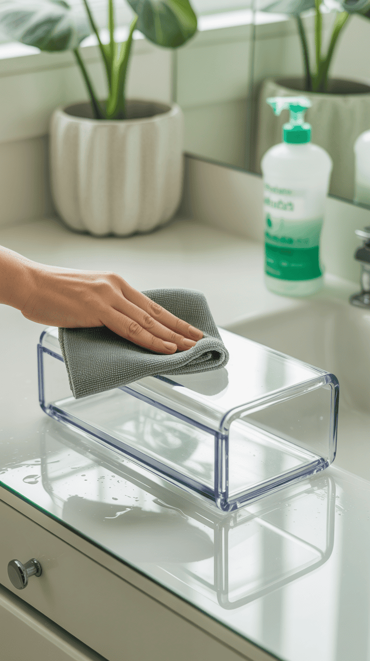 Hand wiping a clear acrylic organizer with a microfiber cloth.