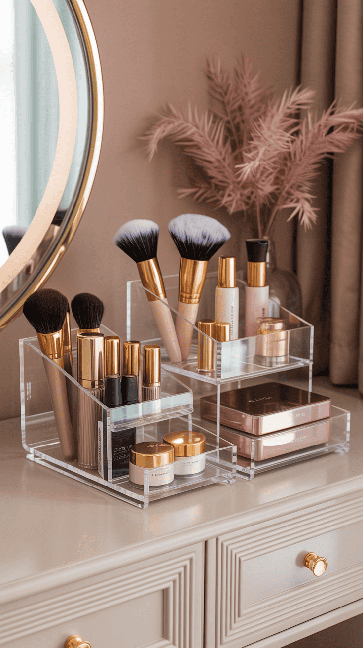 Clear acrylic organizers styled with gold-accented beauty accessories.