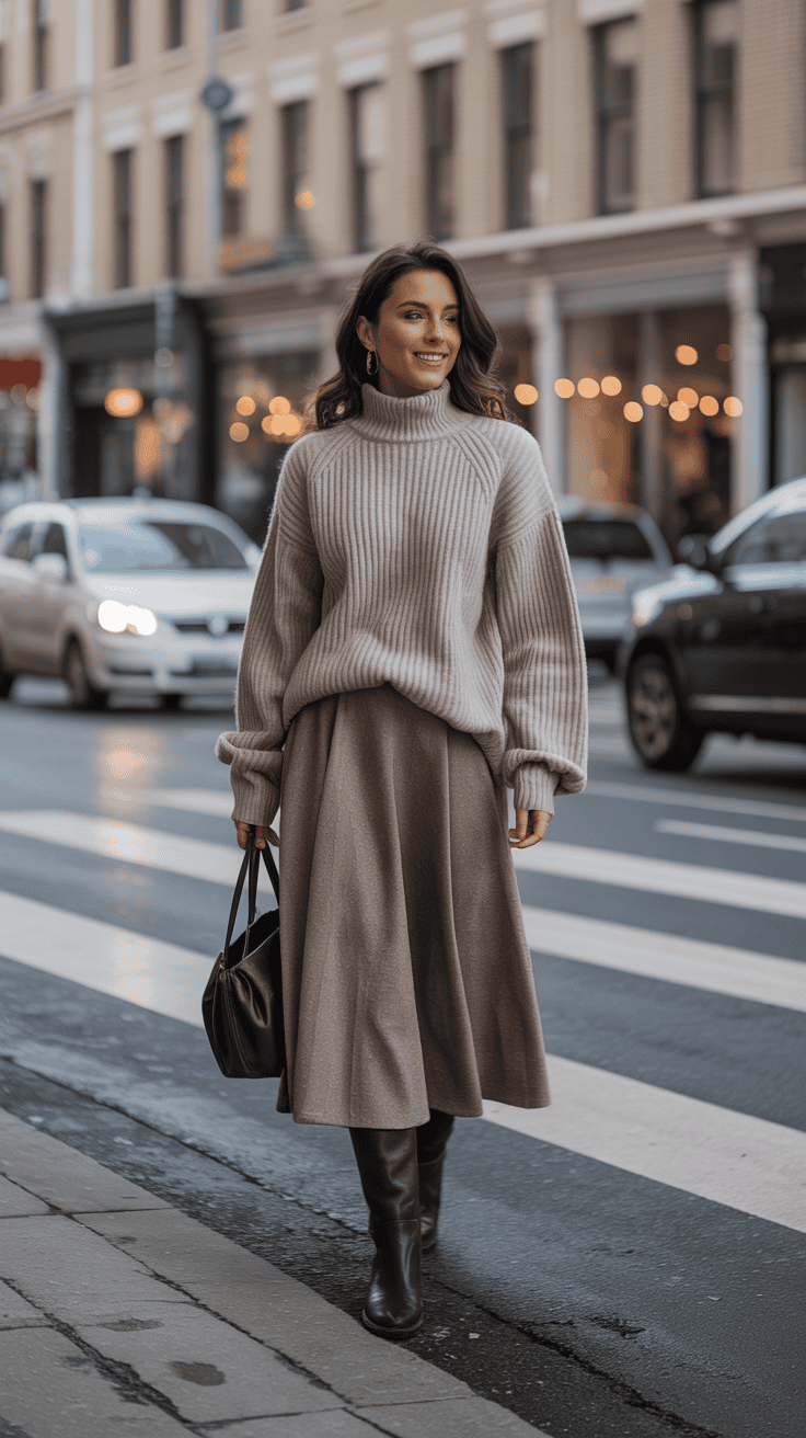 Woman in chunky knit sweater, midi skirt, and knee-high boots creating a chic winter outfit.