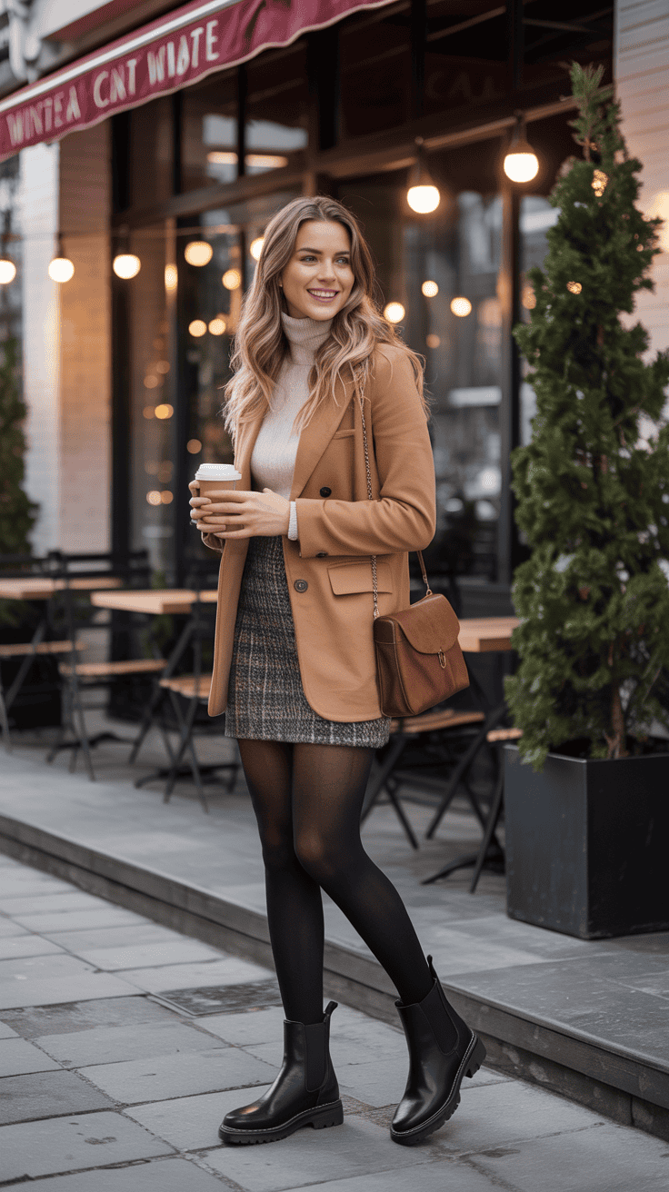 Winter look with wool mini skirt, thick tights, and Chelsea boots.