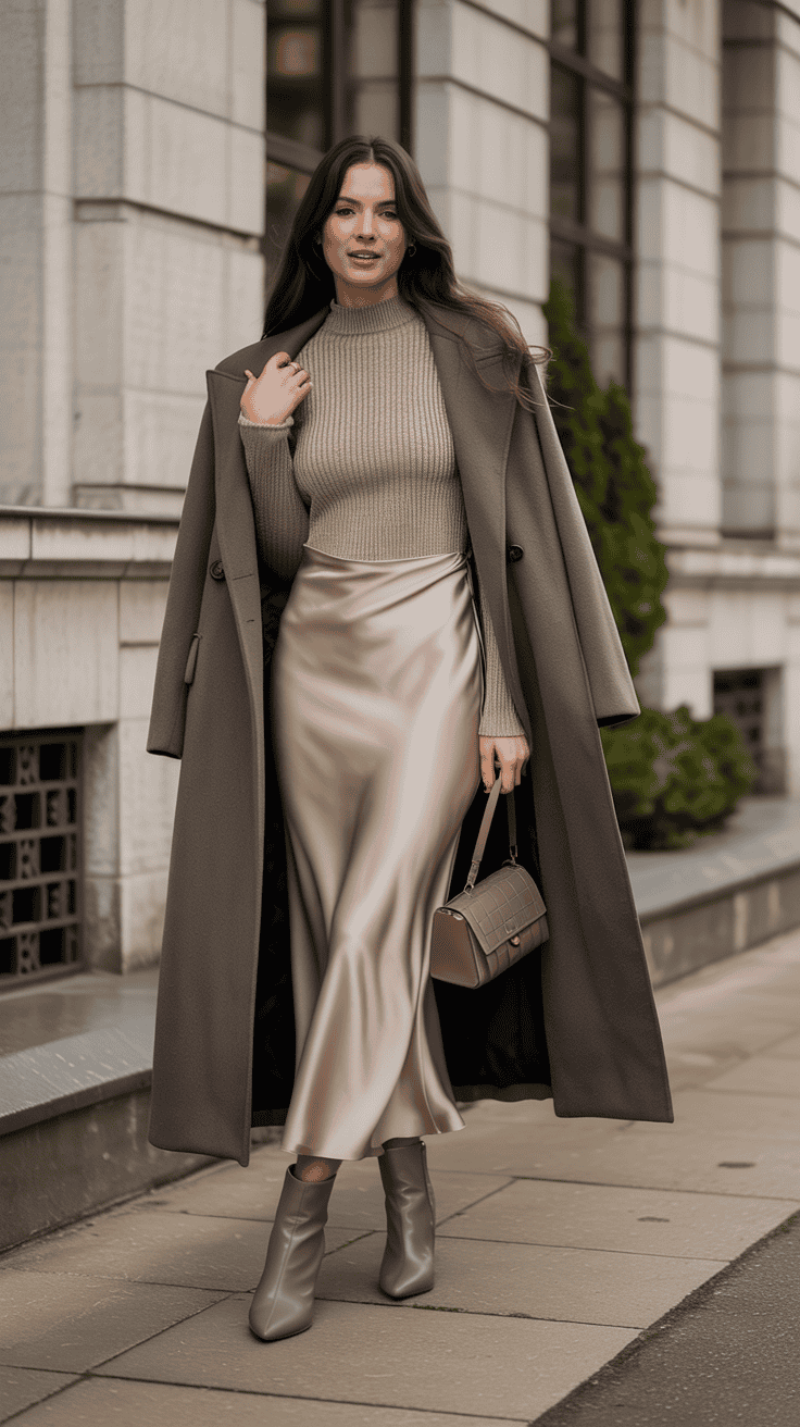 Satin slip skirt winter outfit with oversized coat and heeled booties.