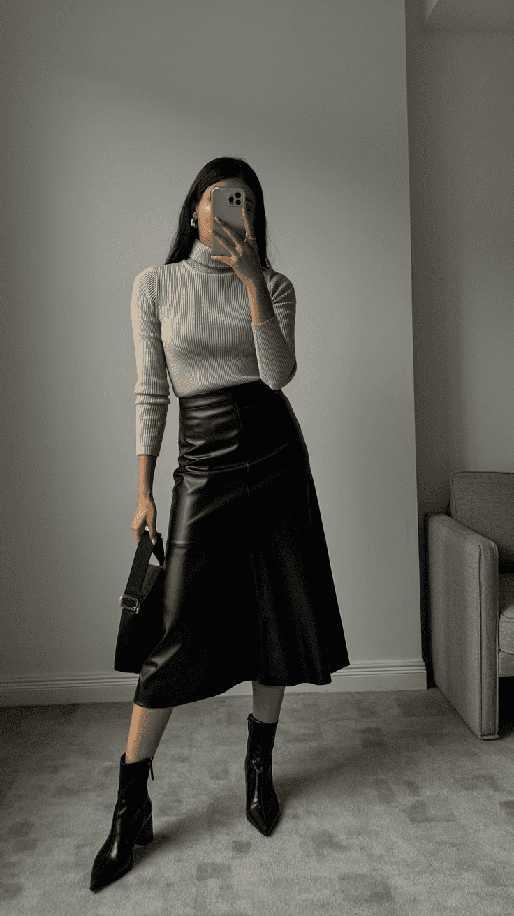 South Asian woman taking a selfie in a leather skirt, turtleneck, and block-heel boots.
