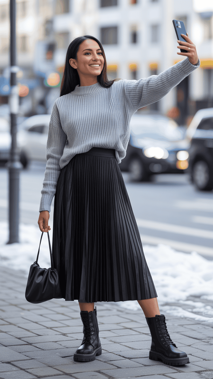 Woman taking a selfie wearing a pleated midi skirt, knit sweater, and combat boots.