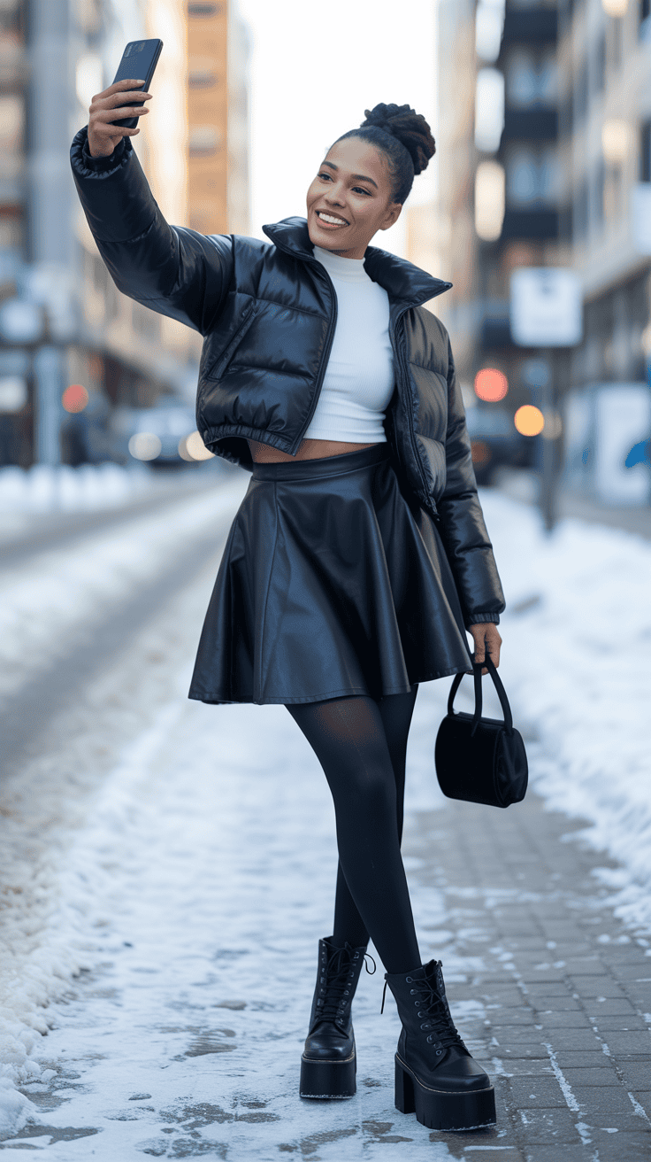 Black woman taking a selfie in an A-line mini skirt, puffer jacket, and platform boots.