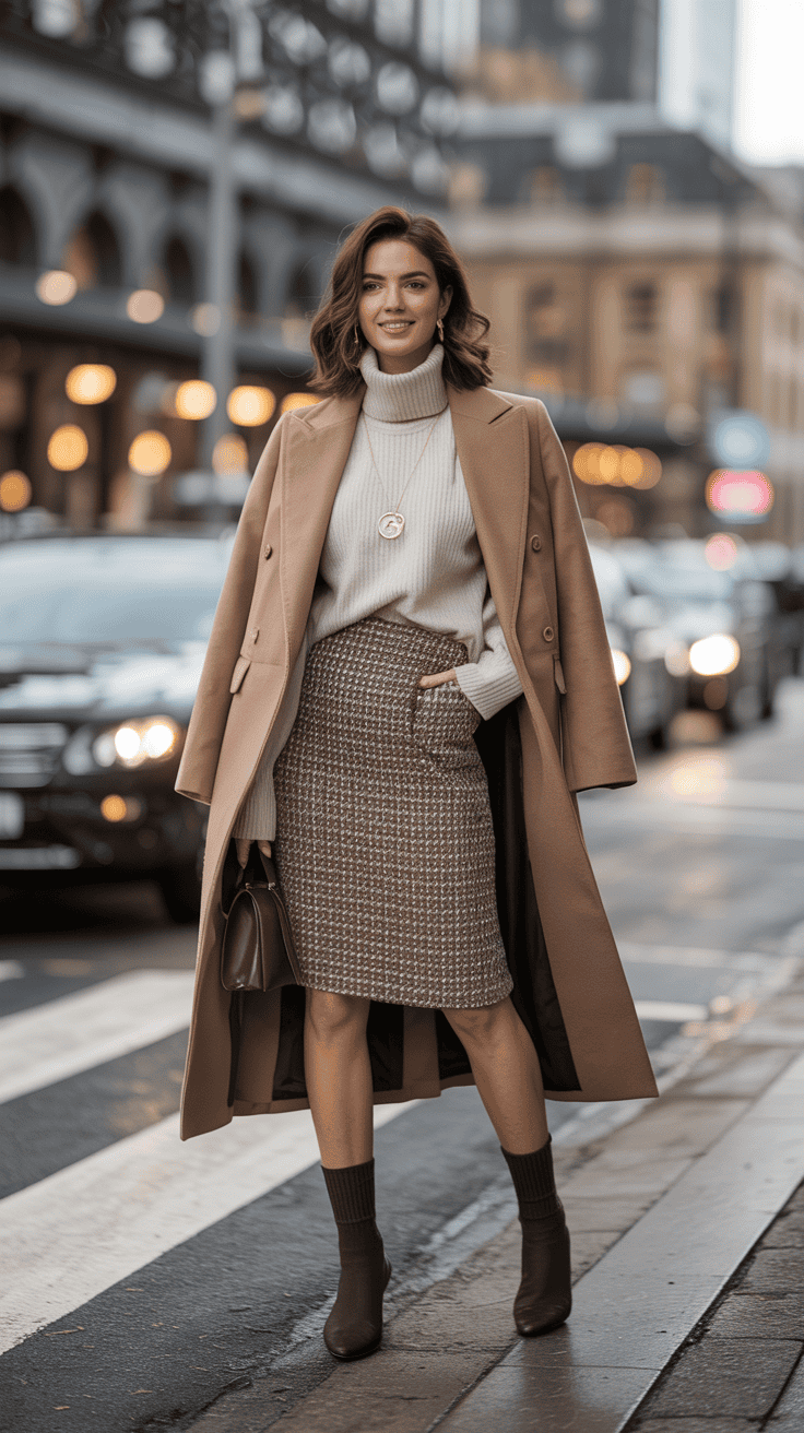 Tweed skirt styled with long coat and sock boots for a chic winter outfit.