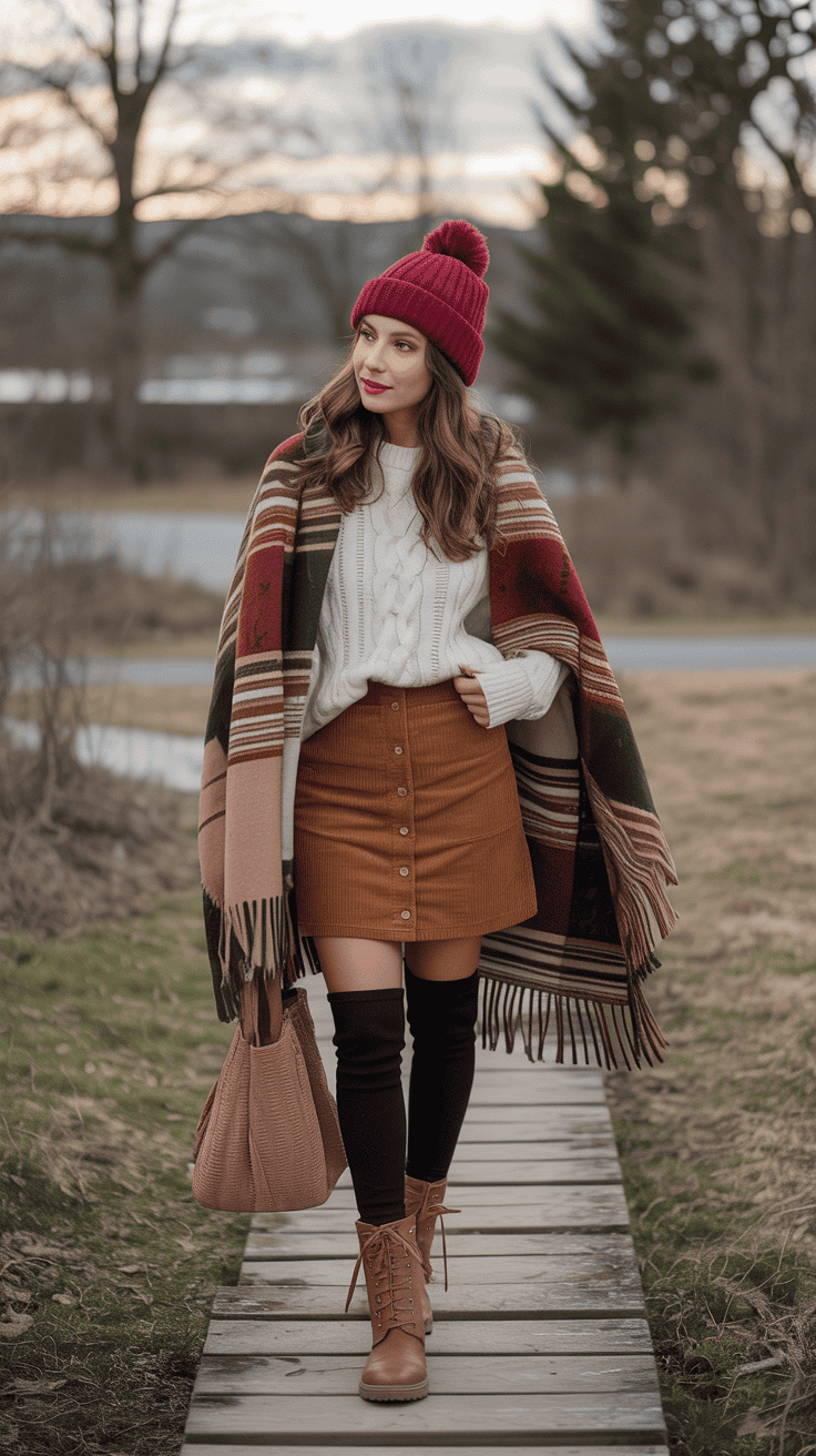 “Corduroy skirt winter outfit with oversized scarf and lace-up boots.”