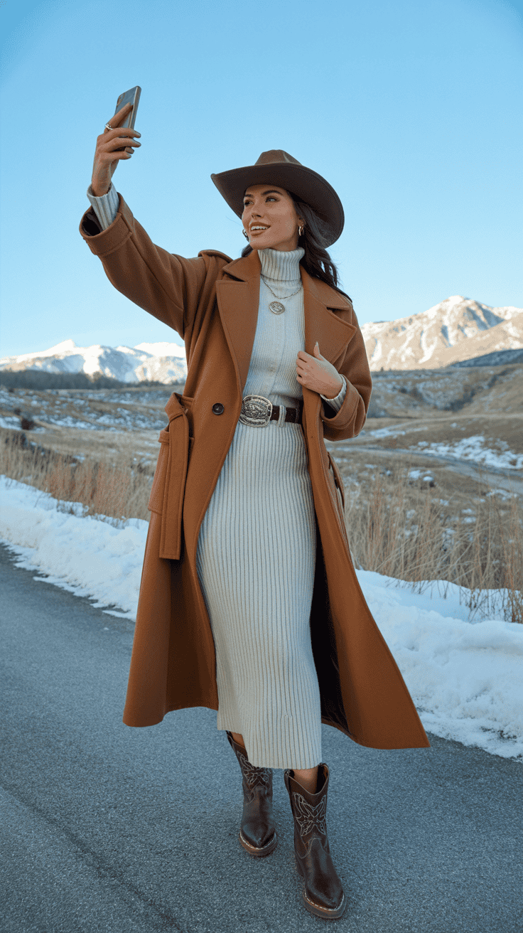 “Woman taking a selfie in a knit midi skirt, belted coat, and Western boots.Ty