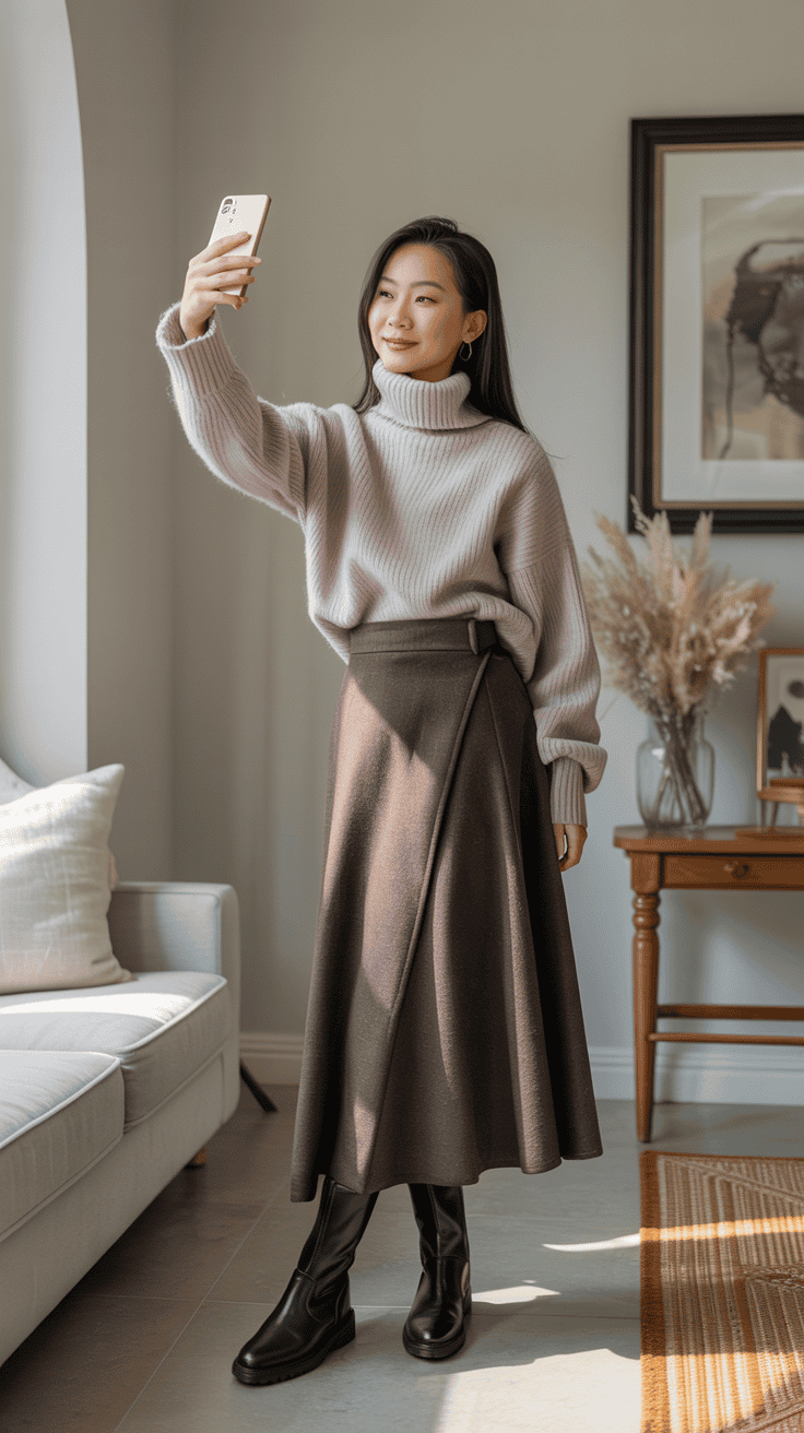 East Asian woman taking a selfie in a wool wrap skirt, cashmere sweater, and black boots.