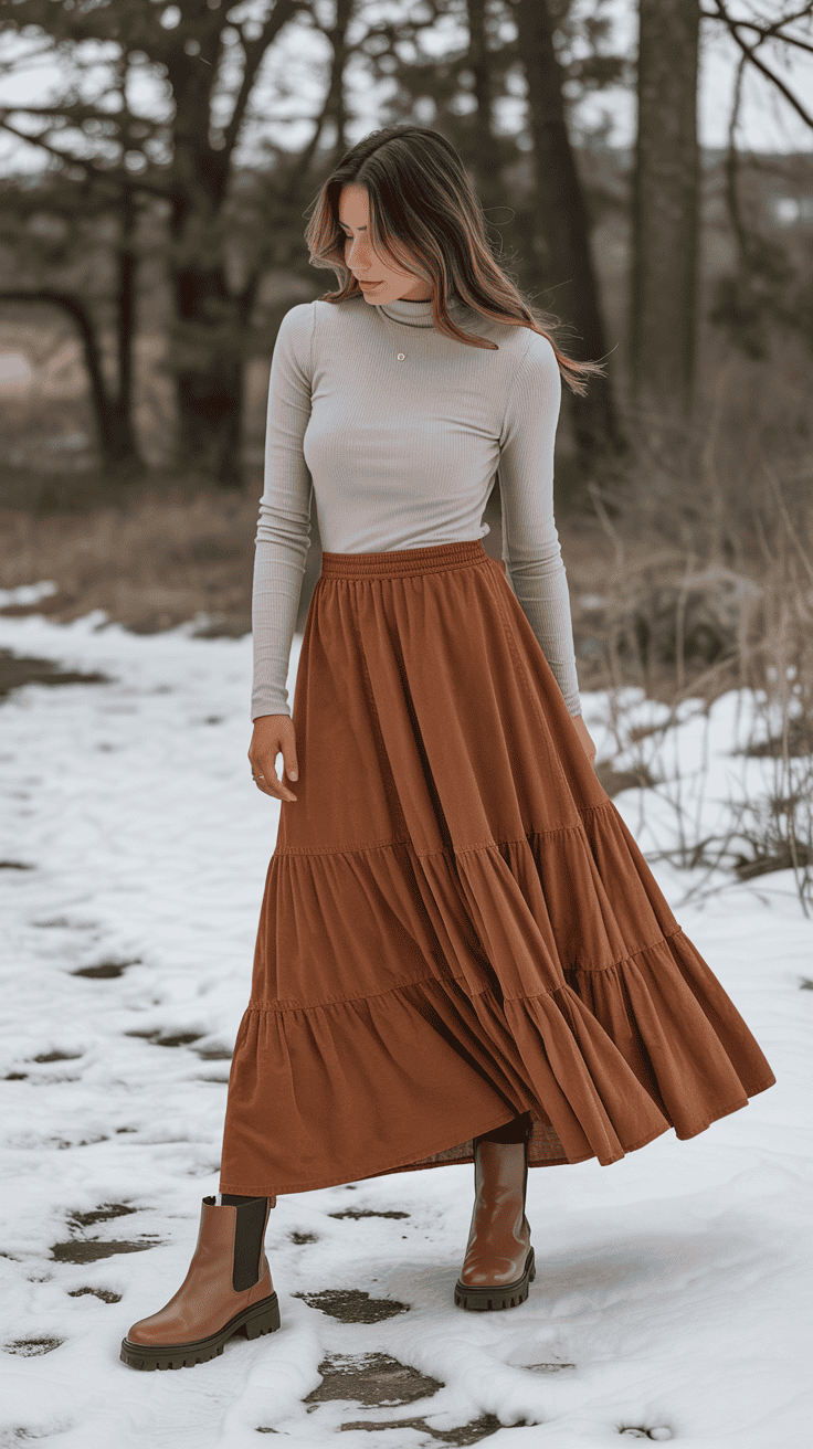Maxi skirt winter outfit with thermal top and chunky boots.
