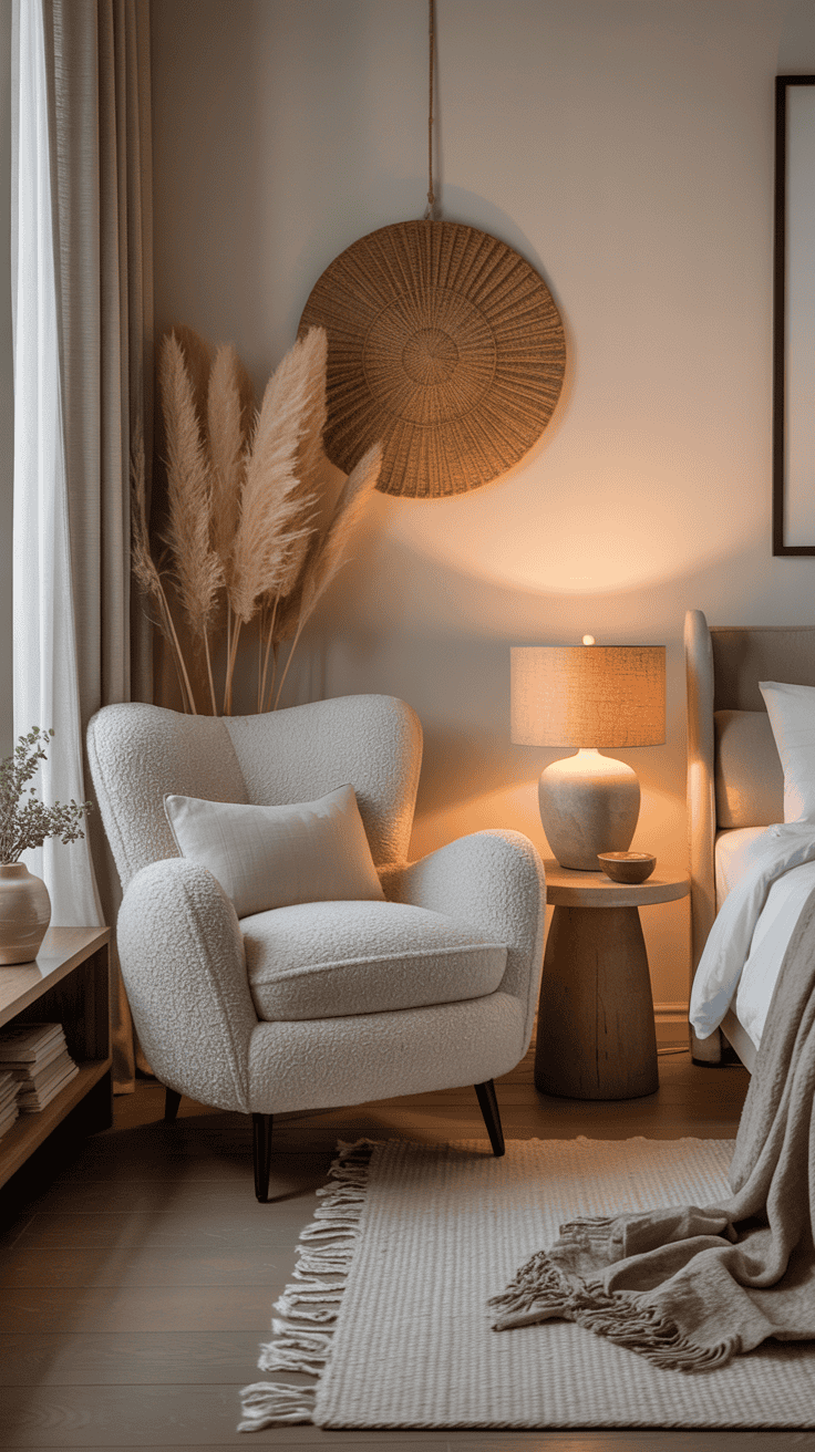 Boucle accent chair and small side table styled as a cozy sitting area in a neutral bedroom.