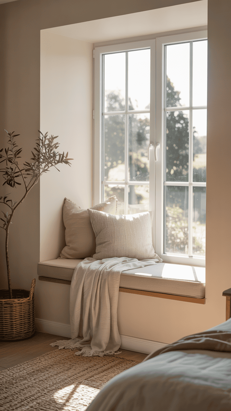 Bedroom window nook with a cushioned bench and pillows creating a sunny sitting area.
