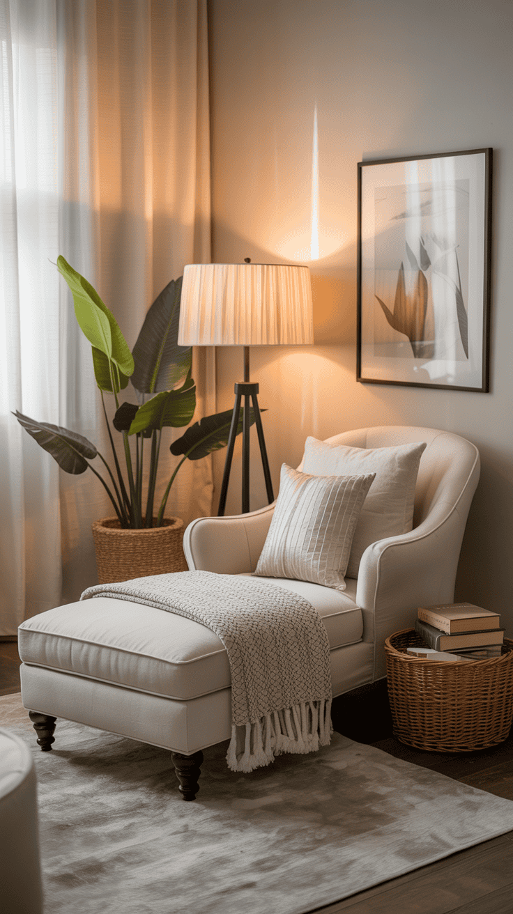 Bedroom chaise lounge with blanket, floor lamp, and basket creating a cozy relaxation corner.