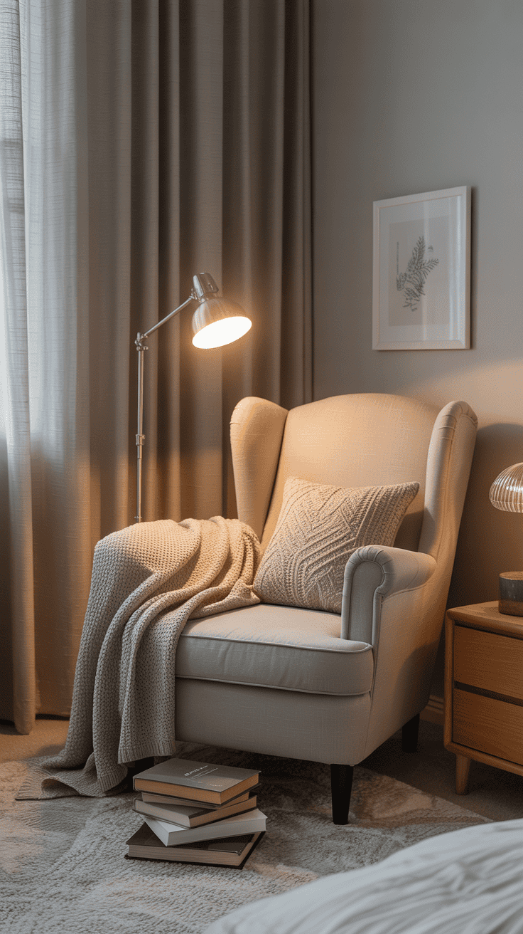 Bedroom reading corner with an armchair, blanket, books, and warm lamp lighting.