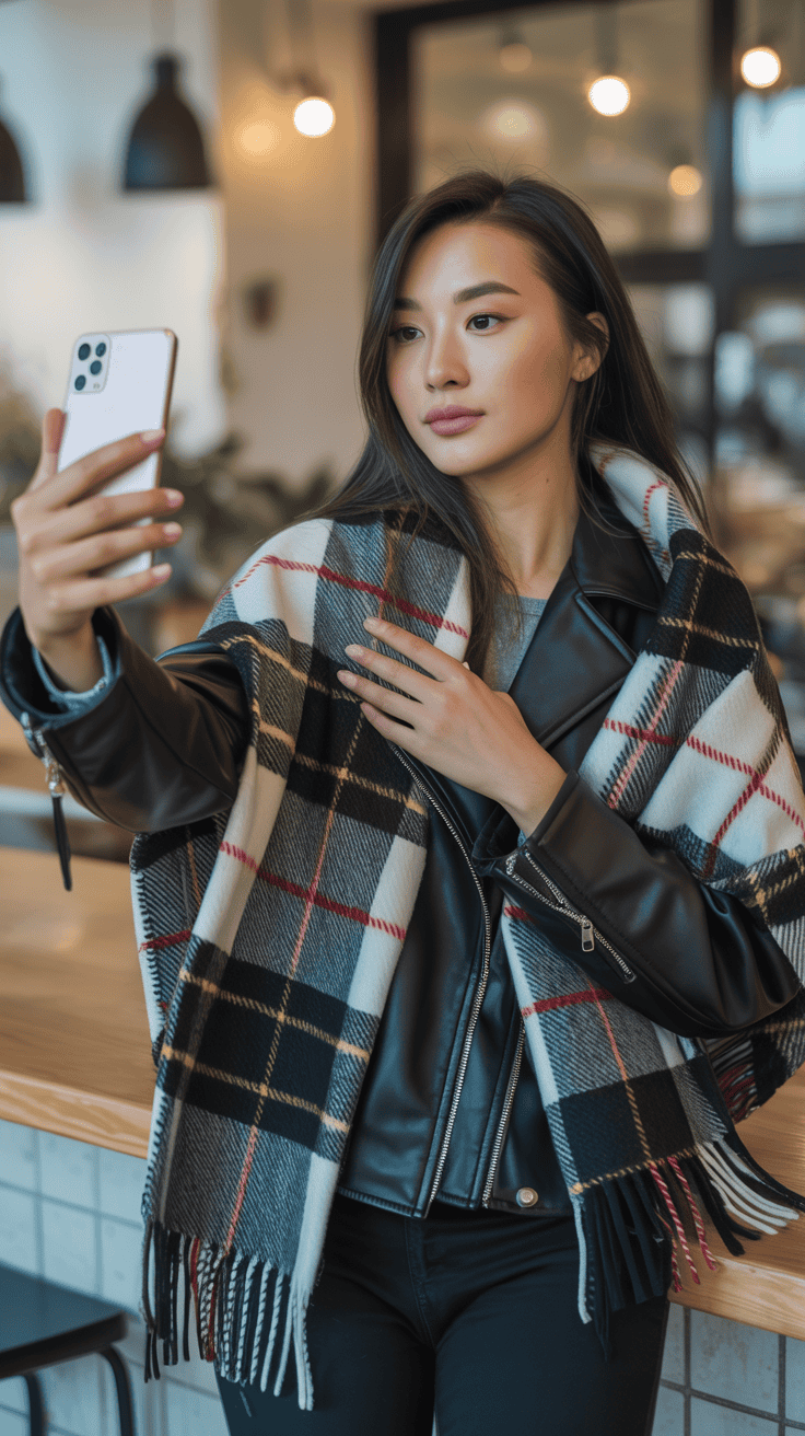 Asian woman wearing a black leather jacket and fringed plaid scarf taking a selfie.