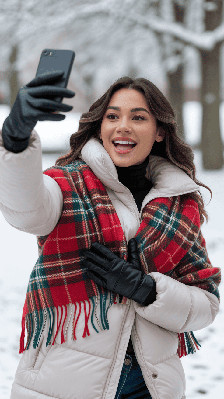 Woman in a white puffer coat with a bright plaid blanket scarf taking a snowy winter selfie.