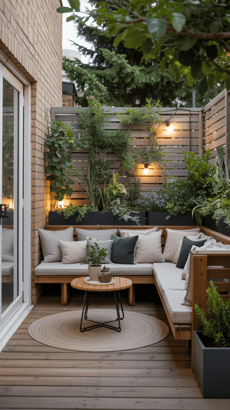 Small backyard deck with a built-in bench, neutral cushions, and vertical greenery creating cosy small-space seating.