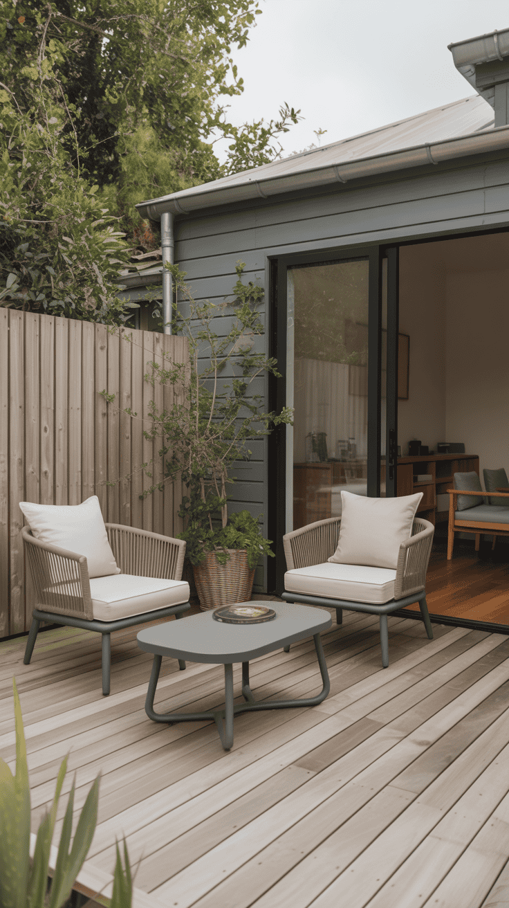 Slimline outdoor furniture creating an open, uncluttered look on a small backyard deck.
