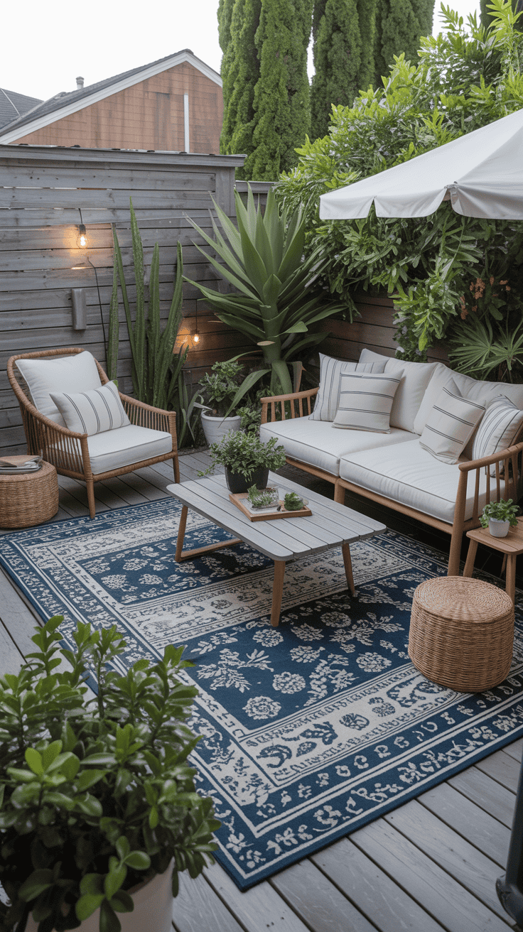 Outdoor rugs used to create separate seating zones on a small backyard deck.