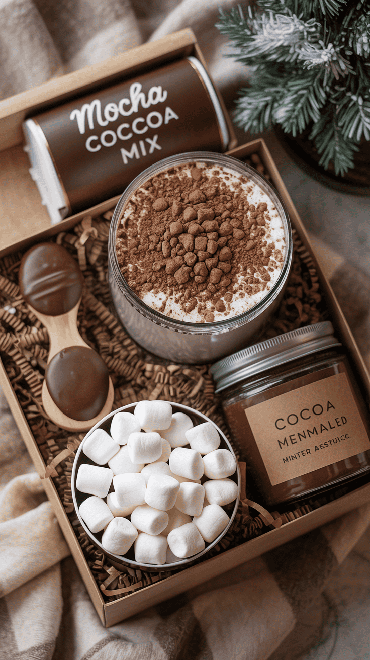 Mocha-themed gift box with cocoa mix, marshmallows, and a chocolate-dipped spoon arranged in warm neutral tones.