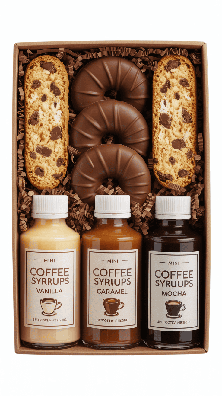 Gift box featuring mini coffee syrups and chocolate cookies arranged upright for a café-inspired look.