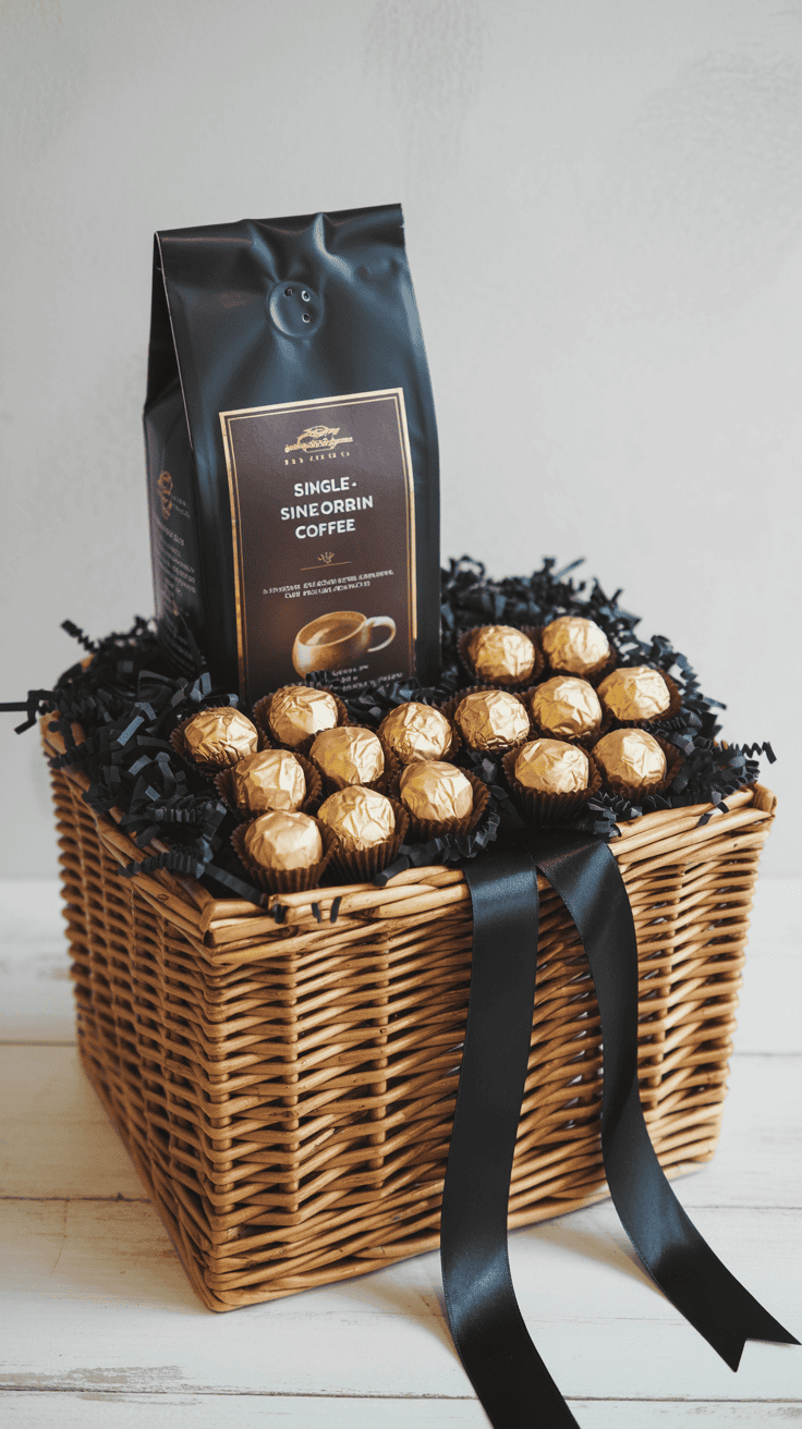 Luxury coffee and truffle gift basket styled with black filler and gold accents.