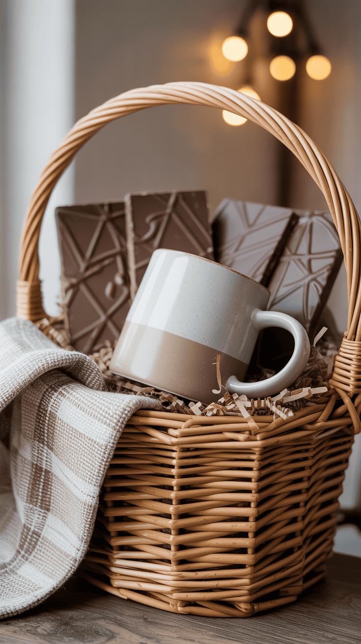 Cozy coffee-themed gift basket with a ceramic mug and gourmet chocolate bark.