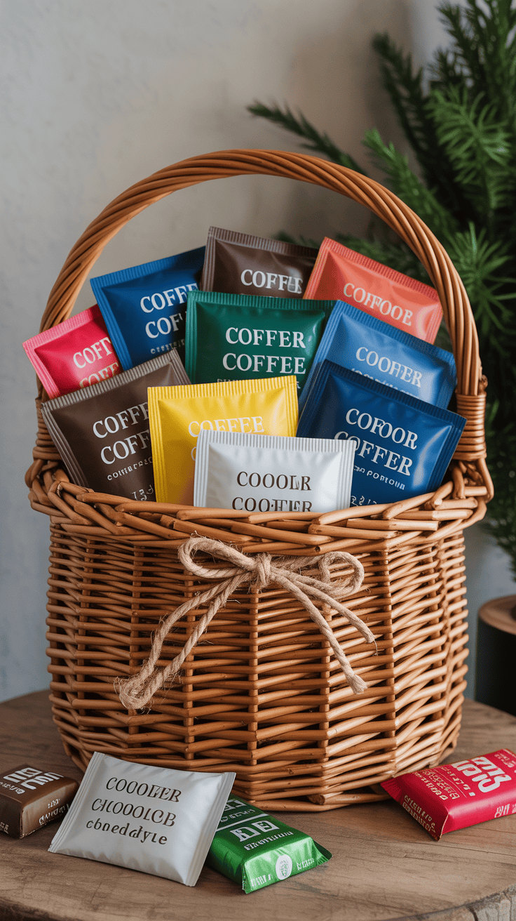 Gift basket with assorted coffee sachets and mini chocolate bars tied with twine.