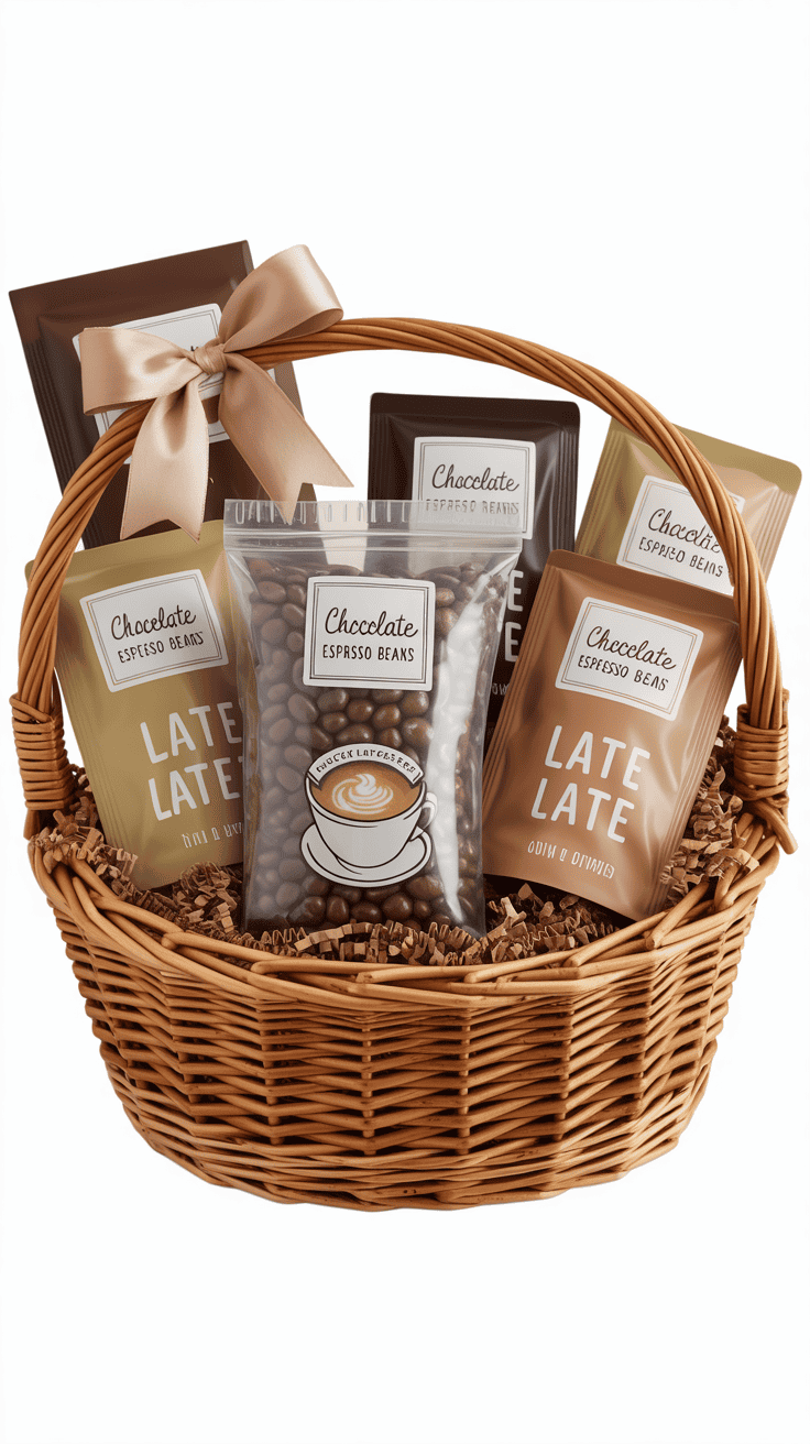 Cozy latte-themed gift basket with assorted latte mixes and chocolate-covered espresso beans.