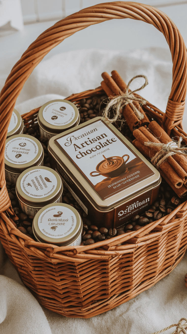 Gift basket with a coffee sampler set, artisan hot chocolate, and cinnamon sticks.