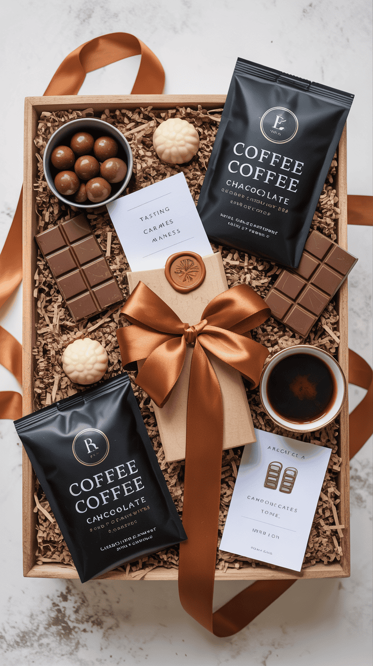 Flat-lay of a cozy coffee and chocolate gift basket being styled with ribbon and filler.
