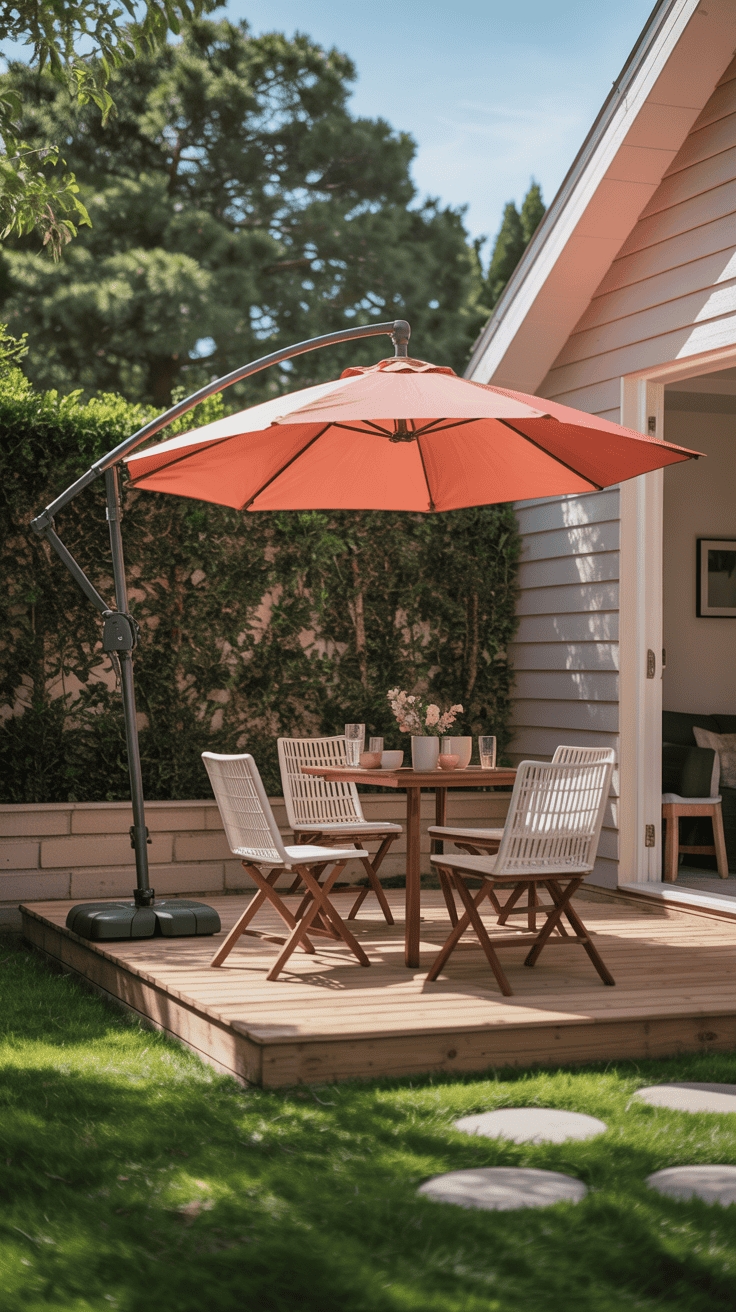 Pop-up tilting umbrella providing flexible shade on a small backyard deck.