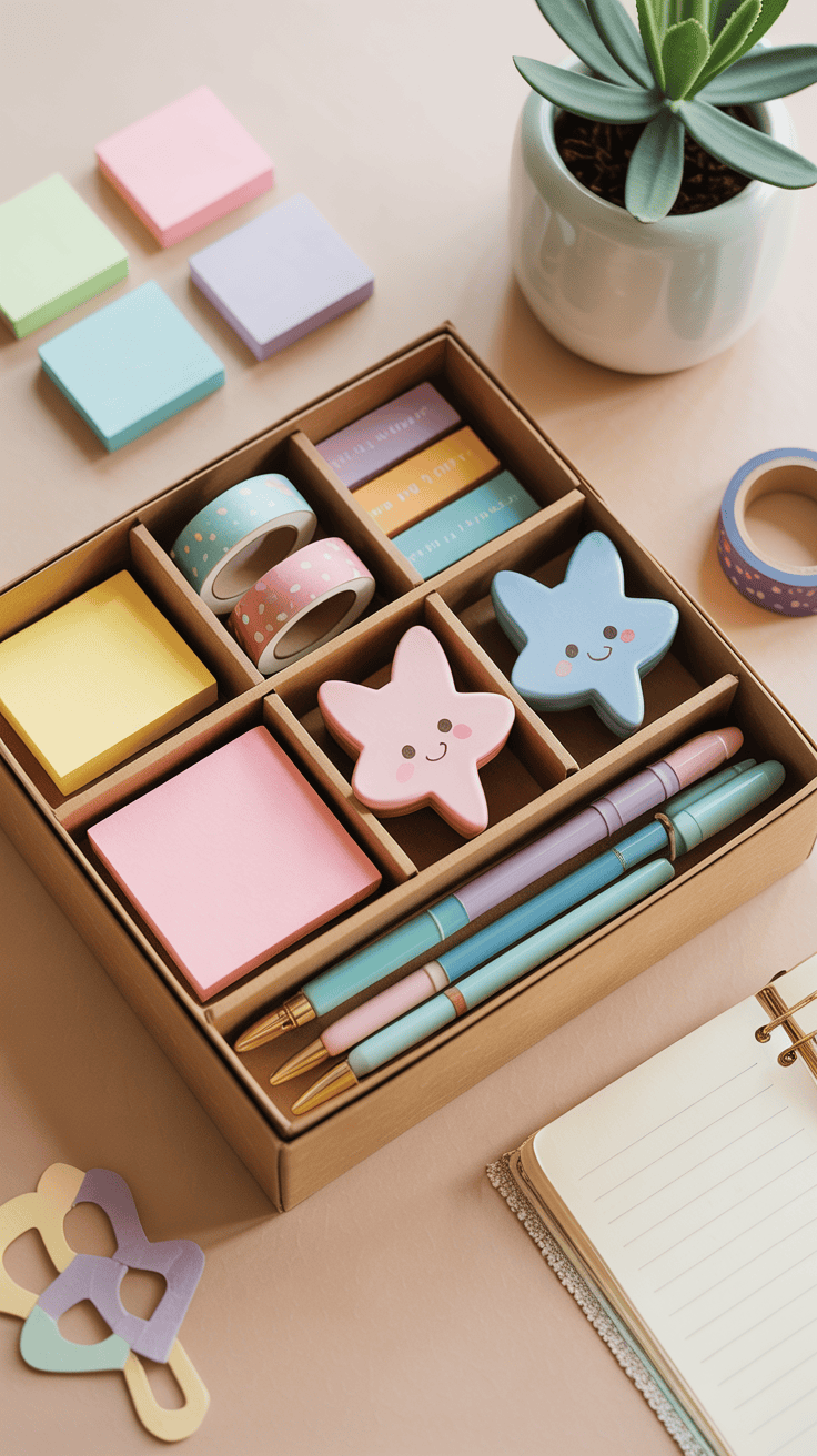 Cute desk stationery gift box with decorative notes, pens, and washi tape.