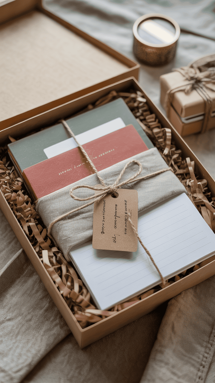 Thoughtfully arranged stationery gift box with layered presentation and finishing details.